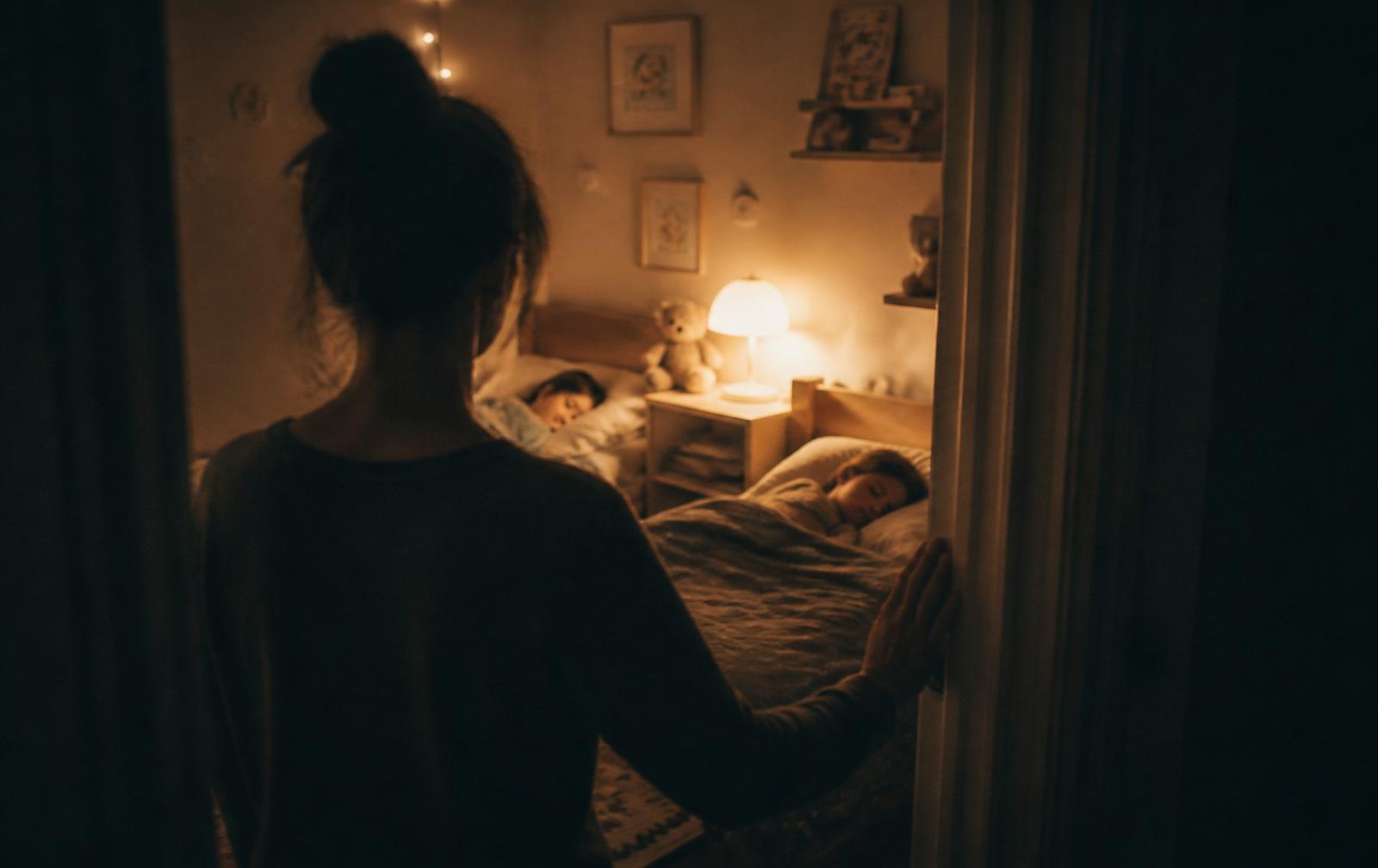 A mother silhouetted in a doorway watches her two children sleep, softly lit by a nightlight.