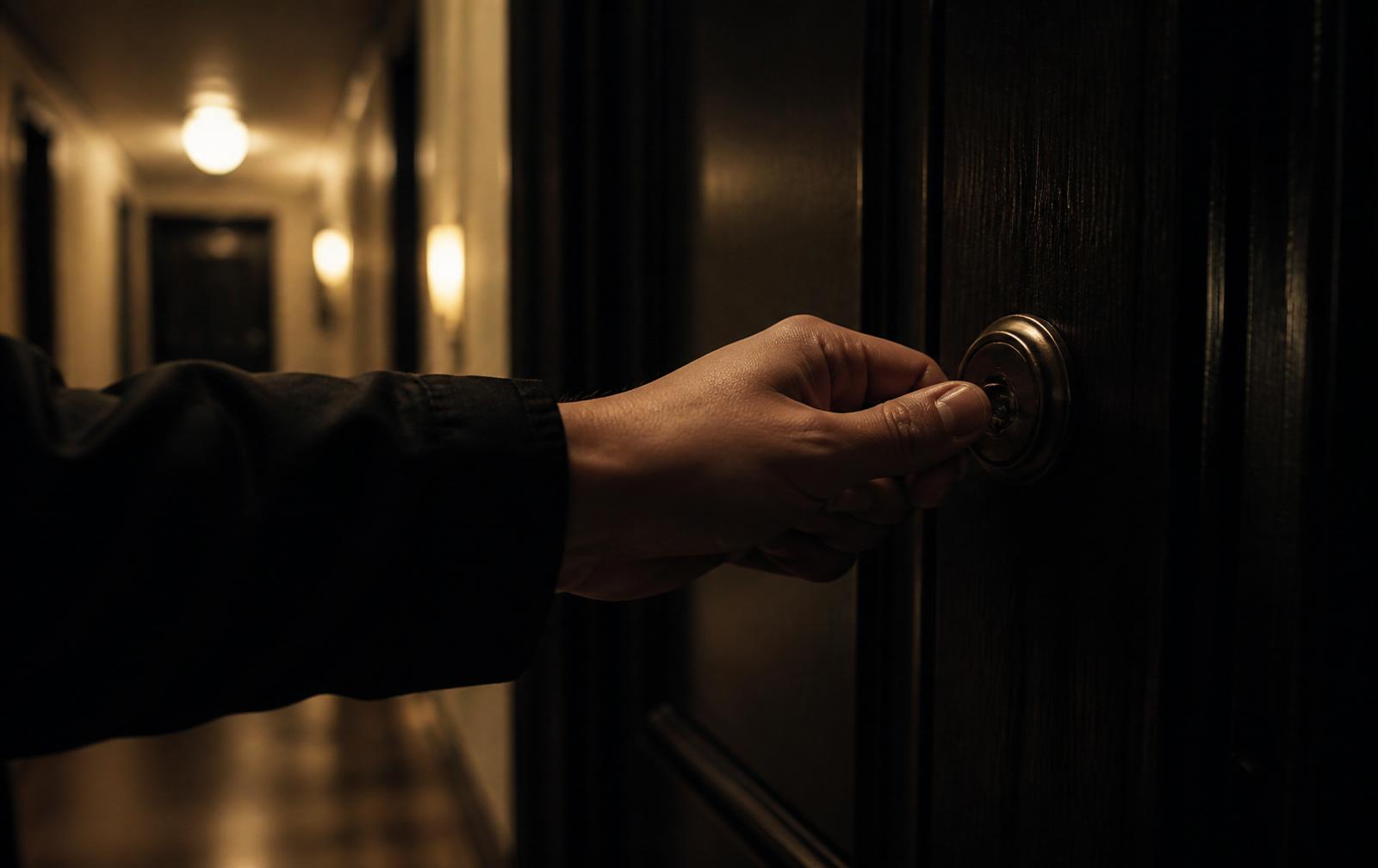 A woman's hand quietly turning the deadbolt on her apartment door late at night.