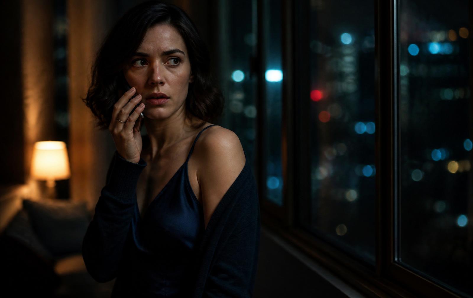 A woman stands by a window at night, phone pressed to her ear, city lights blurred behind her.