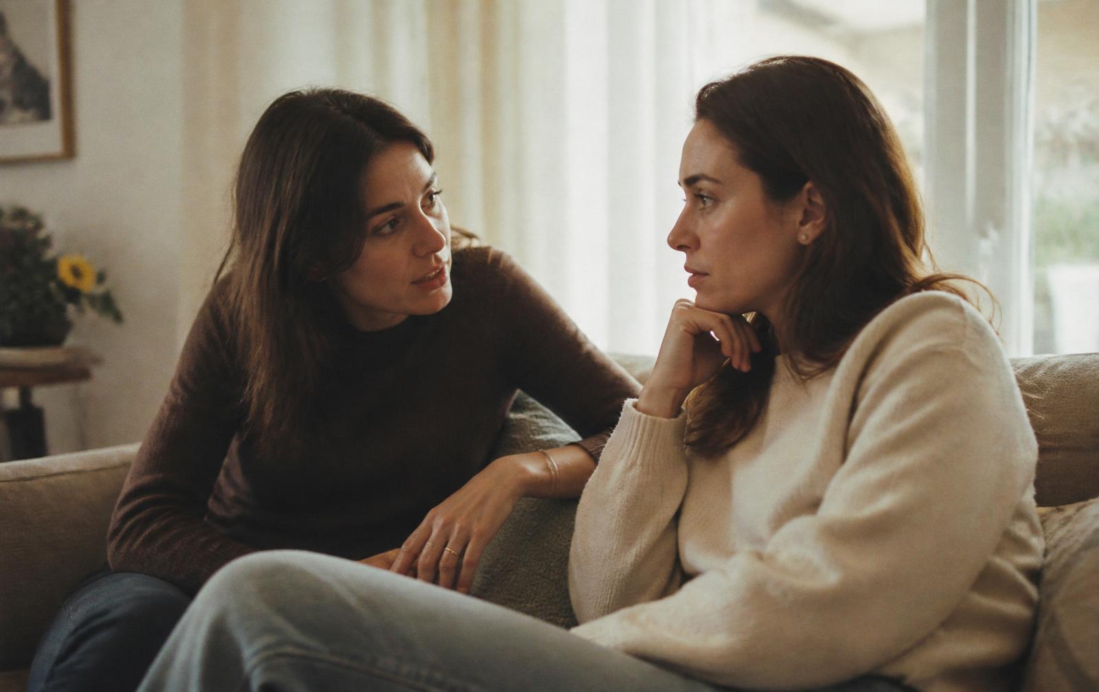 Two sisters sit together on a couch in warm afternoon light, one speaking gently to the other.